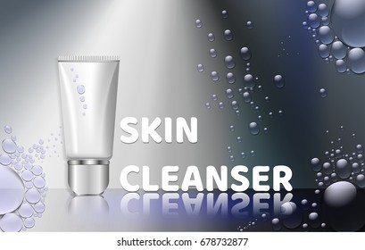 Template advertisement for realistic cream cleansing skin with water splashes and reflection. Mocap for cream presentation.Vector eps 10