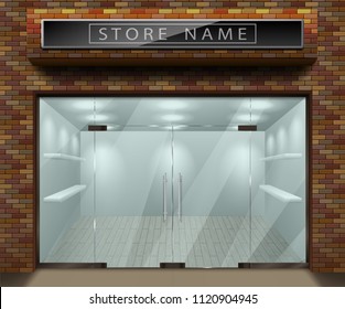 Template for advertising 3d store front facade with red brick. Exterior empty shop or boutique with transparent window. Blank mockup of stylish glass street shop. Vector illustration
