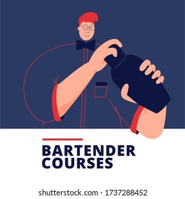 Template for advertising bartender courses on a dark background, on which the bartender shakes the shaker against the background of the bar. Vector illustration in a flat style.