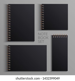 Template for advertising, branding and corporate identity. Set of realistic spiral black notepad. Blank mockup for design. Vector white object. EPS 10