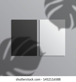 Template for advertising, branding and corporate identity. Blank, folded, brochure or leaflet. Mockup for design with monstera leafs shadow. Vector white object. EPS 10