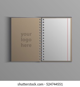 Template for advertising, branding and corporate identity. Realistic spiral notepad. Blank mockup for design. Open cardboard notebook. Sketchbook or diary. Vector white object. EPS 10