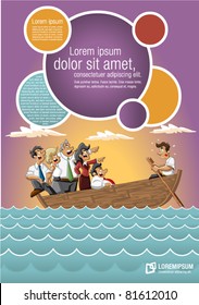 Template for advertising brochure with Business cartoon team on boat