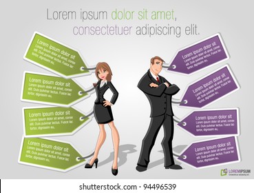 Template for advertising brochure with business people with paper tags