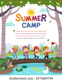 Template for advertising brochure with cartoon of children with backpacks walking on log bridge across the stream. Kids summer camp poster.