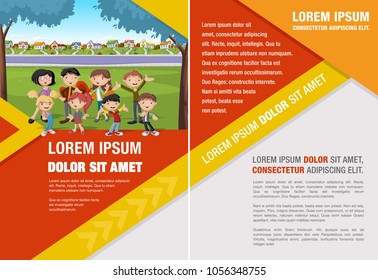 Template for advertising brochure with cartoon family in suburb neighborhood.