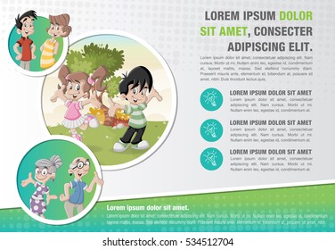 Template for advertising brochure with cartoon family
