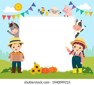 Template For Advertising Brochure With Cartoon Of Farmer Kids And Farm Animals.