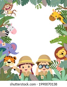 Template for advertising brochure with cartoon of girl and boy holding binoculars in safari clothes with animals in tropical leaves.