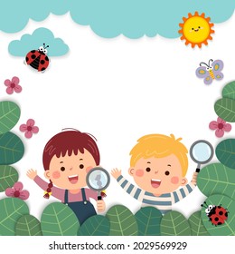 Template for advertising brochure with cartoon of girl and boy holding magnifying glasses in nature. Children observing nature in paper cut style.