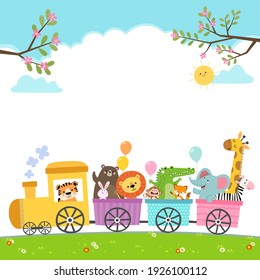 Template for advertising brochure with cartoon of happy animals on the train.