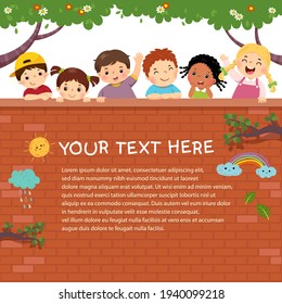 Template for advertising brochure with cartoon of happy kids on the brick wall.