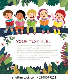 Template for advertising brochure with cartoon of happy kids on the tree branch reading books.