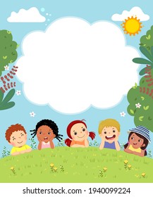 Template for advertising brochure with cartoon of happy kids laying on the grass.