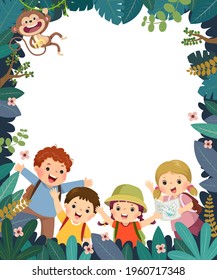 Template for advertising brochure with cartoon of happy children camping or traveling in the forest.