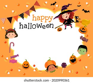 Template for advertising brochure with cartoon of happy kids and candies in Halloween concept.