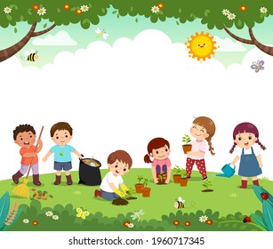 Template For Advertising Brochure With Cartoon Of Kid Volunteers Plant Trees In The Park. Happy Children Work Together To Improve The Environment.