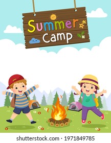 Template For Advertising Brochure With Cartoon Of Kids With Wooden Camping Sign. Kids Summer Camp Poster.