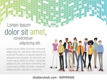 Template for advertising brochure with cartoon young people.

