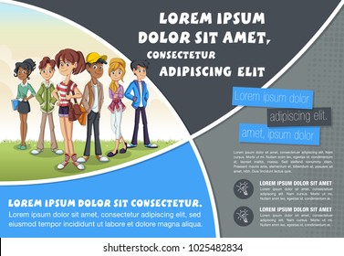 Template for advertising brochure with cute cartoon teenagers