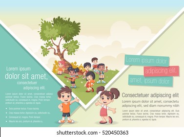 Template for advertising brochure with cute cartoon kids playing. Sports and recreation.
