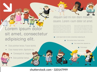 Template for advertising brochure with cute happy cartoon people