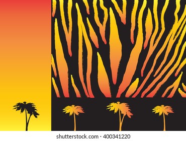 Template for Advertising, brochure, Folders, Holiday cards, Scrapbook covers, web page design. African motif. Safari, stylish Tiger's pelt background with palm trees. For use in Art, Print, Web design