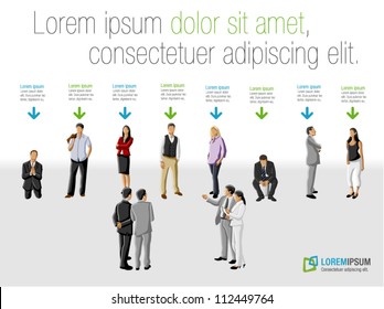 Template for advertising brochure with group of business people choosing the right person. Hiring selection.