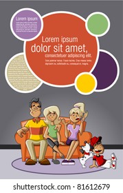 Template for advertising brochure with a happy cartoon family with kids on the couch