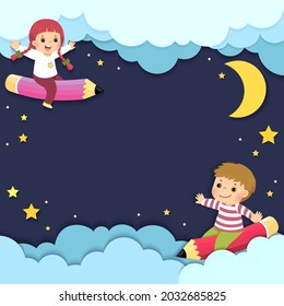 Template for advertising brochure with happy kids riding a flying pencils in the night sky. Paper cut style.