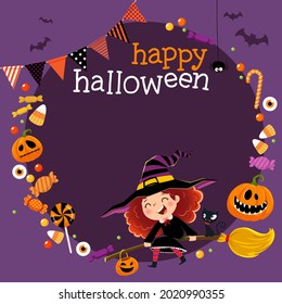 Template for advertising brochure with happy little witch girl and candies in Halloween concept.