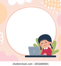 Template for advertising brochure with happy little girl learning with her laptop. Education concept.