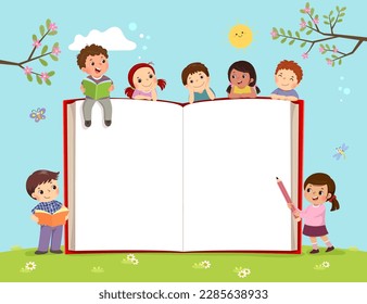 Template for advertising brochure with kids and opened book on the field