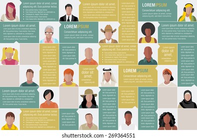 Template for advertising brochure with large group of cartoon people faces