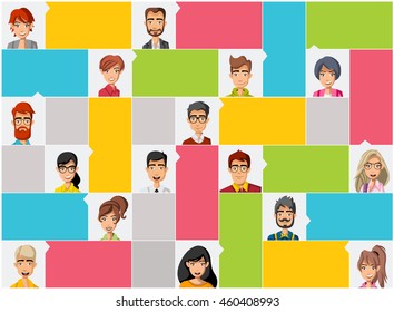 Template for advertising brochure with large group of cartoon people faces
