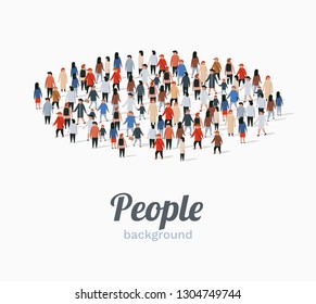 Template for advertising brochure with people crowd in shape of circle. Vector illustration