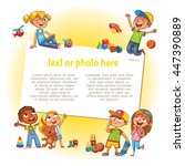 Template for advertising brochure. Ready for your message. Happy children holding blank poster. Kid pointing at a blank template. Lorem ipsum. Funny cartoon character. Vector illustration