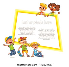 Template for advertising brochure. Ready for your message. Children look up with interest. Kid pointing at a blank template. Funny cartoon character. Vector illustration. Isolated on white background