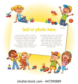 Template for advertising brochure. Ready for your message. Happy children holding blank poster. Kid pointing at a blank template. Lorem ipsum. Funny cartoon character. Vector illustration