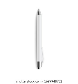 Template for advertising and corporate identity - blank white ball pen, 3d realistic vector illustration isolated on white background. Business company merchandise.