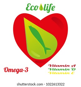 Template for advertising fish oil from ecologically clean sea waters, Omega-3 and vitamins A, D, E. Vector colored illustration on white background.