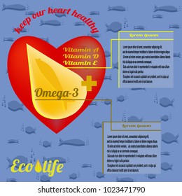 Template for advertising fish oil from ecologically clean sea waters, Omega-3 and vitamins A, D, E. Text - keep our heart healthy. Vector illustration on deep sea background.