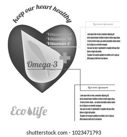 Template for advertising fish oil from ecologically clean sea waters, Omega-3 and vitamins A, D, E. Vector illustration on white background.
