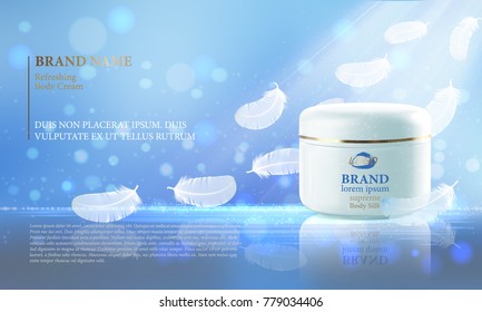 Template for the advertising flyer of cosmetics. Realistic cosmetic jar with flying feathers. Advertisement beauty skincare design package, placard, poster. Vector