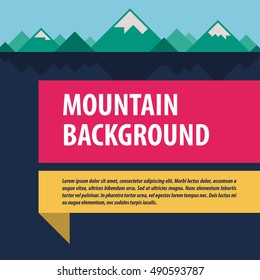 Template advertising layout with a picture of mountains and tags. Trendy geometric shapes, bright modern colors. Vector illustration.