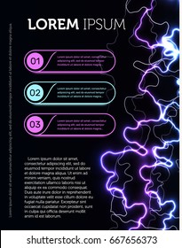 Template of the advertising leaflet on a black background with fantastic blue and purple or violet lightning, infographics, text and laser beams. Vector web banner with advertising information