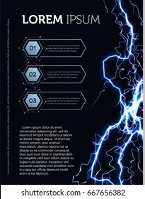 Template of the advertising leaflet on a black background with fantastic lightning, infographics, text and laser beams. Vector web banner with advertising information