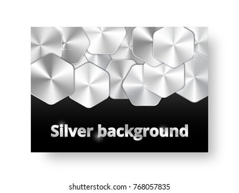 Template of an advertising leaflet with silvery plates and a platinum texture on a black background.