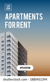 Plantilla para un post publicitario para la venta o alquiler de un apartamento de clase business, con un fondo azul del cielo, para publicarlo en redes sociales o en un sitio web