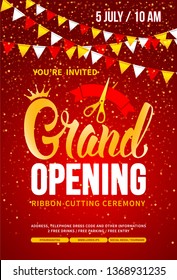 Template for advertising poster of Grand Opening and ribbon cutting ceremony. Unusual and bright design with calligraphy inscription, red ribbon and scissors. Place your text. Vector illustration.